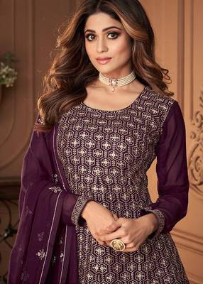 Pure georgette party wear sharara in violet color with embroidery work 2