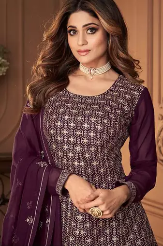 Pure georgette party wear sharara in violet color with embroidery work