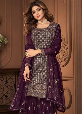 Pure georgette party wear sharara in violet color with embroidery work 3
