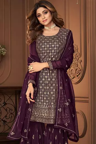 Pure georgette party wear sharara in violet color with embroidery work