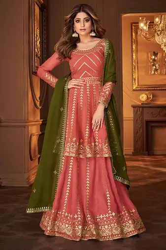 Georgette party wear sharara in peach color with embroidery work
