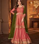Georgette party wear sharara in peach color with embroidery work