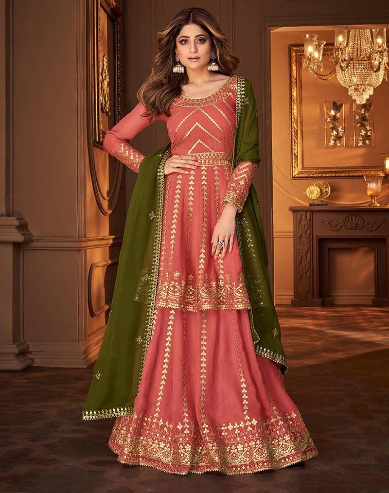 Georgette party wear sharara in peach color with embroidery work
