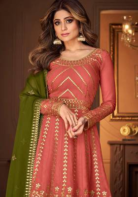 Georgette party wear sharara in peach color with embroidery work 2