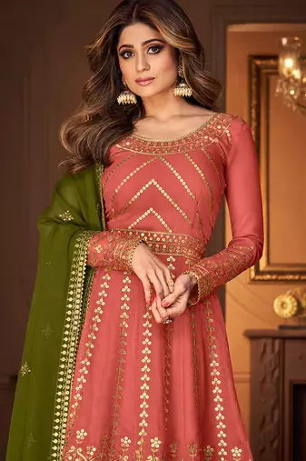 Georgette party wear sharara in peach color with embroidery work
