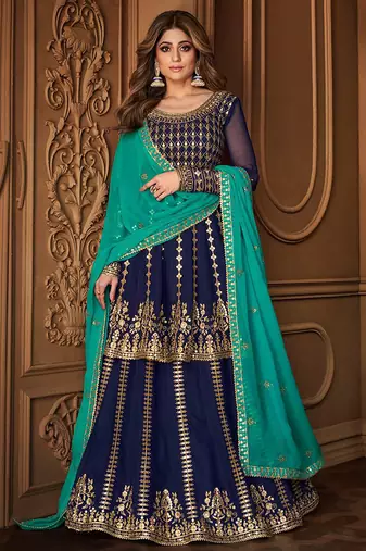 Georgette party wear sharara in blue color with embroidery work