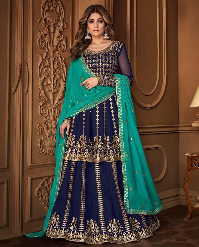 Georgette party wear sharara in blue color with embroidery work