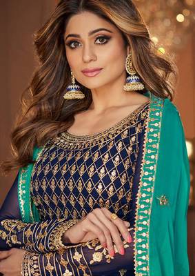 Georgette party wear sharara in blue color with embroidery work 2