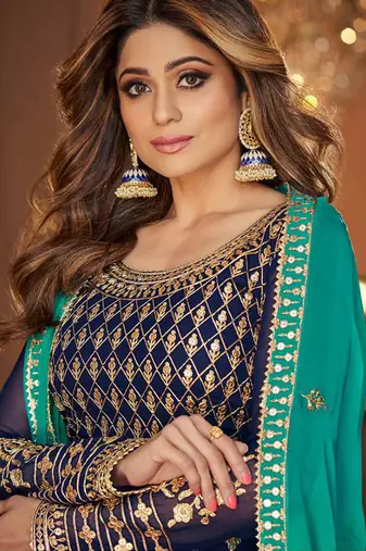 Georgette party wear sharara in blue color with embroidery work
