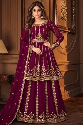 Georgette party wear sharara in violet color with embroidery work