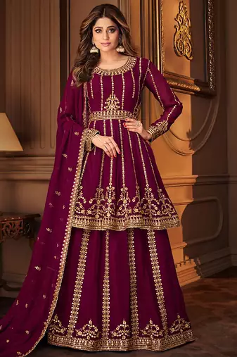 Georgette party wear sharara in violet color with embroidery work