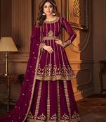 Georgette party wear sharara in violet color with embroidery work