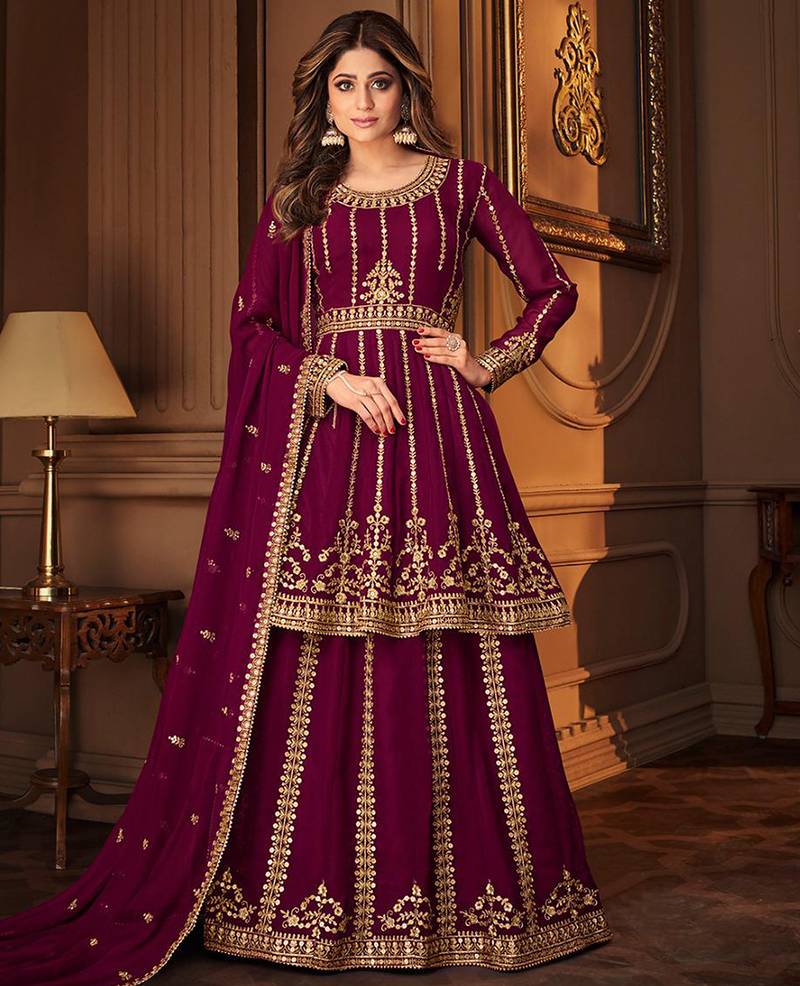 Georgette party wear sharara in violet color with embroidery work