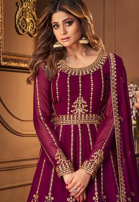 Georgette party wear sharara in violet color with embroidery work 2