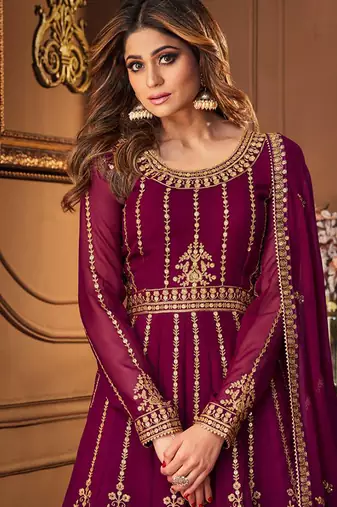 Georgette party wear sharara in violet color with embroidery work