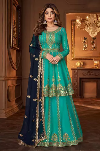 Georgette party wear sharara in turquoise color with embroidery work