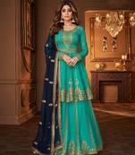 Georgette party wear sharara in turquoise color with embroidery work