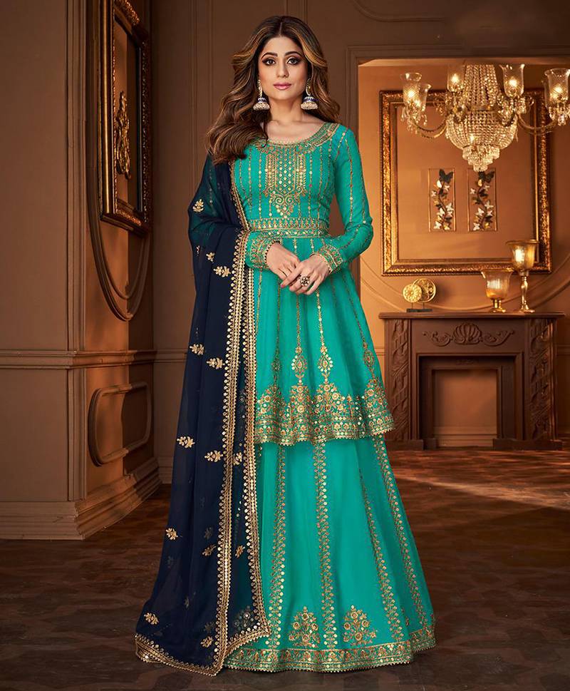 Georgette party wear sharara in turquoise color with embroidery work