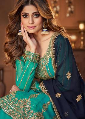 Georgette party wear sharara in turquoise color with embroidery work 2