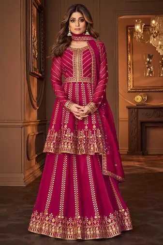 Georgette party wear sharara in magenta color with embroidery work