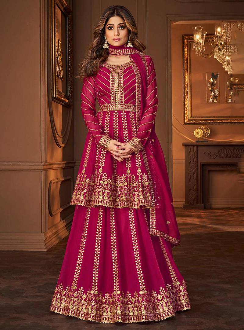 Georgette party wear sharara in magenta color with embroidery work