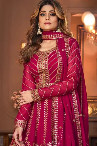 Georgette party wear sharara in magenta color with embroidery work
