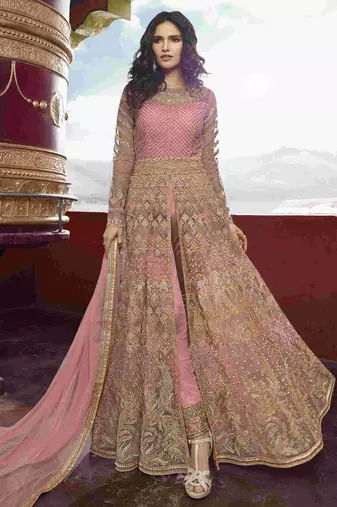 Soft premium net wedding wear gown in pink with embroidery & stone work