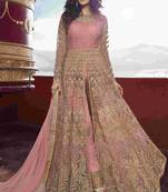 Soft premium net wedding wear gown in pink with embroidery & stone work