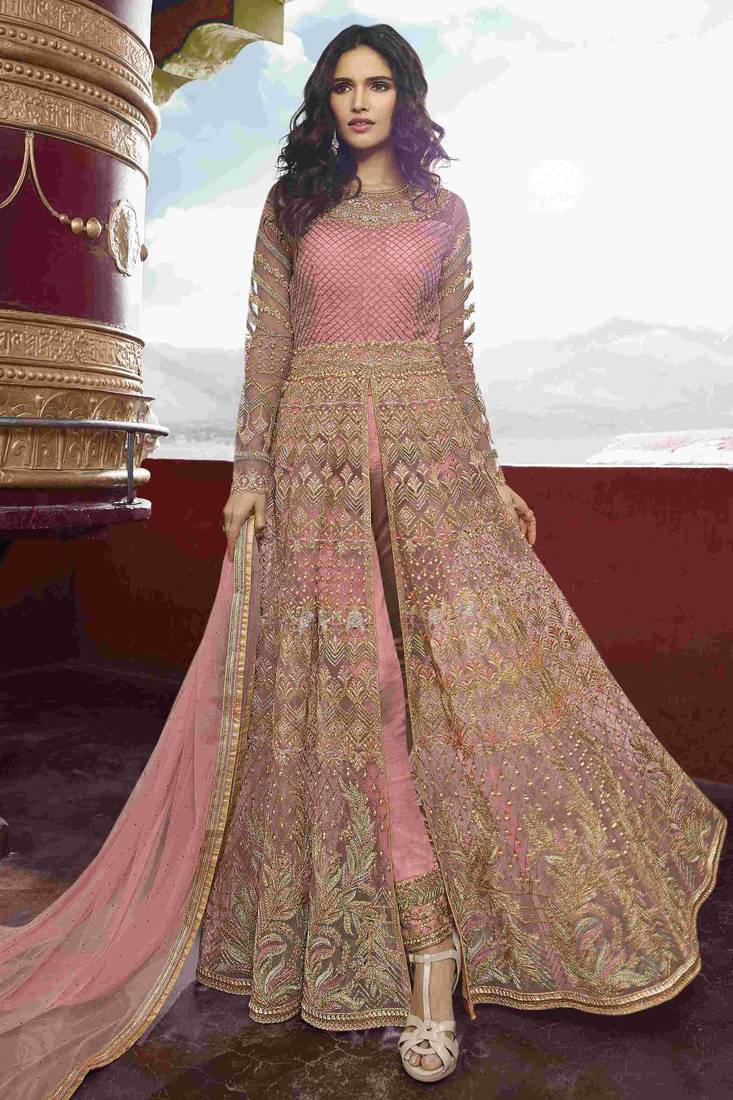 Soft premium net wedding wear gown in pink with embroidery & stone work