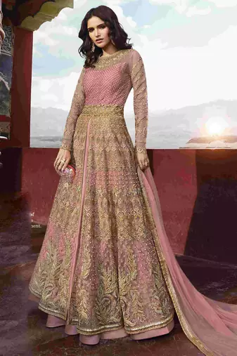 Soft premium net wedding wear gown in pink with embroidery & stone work
