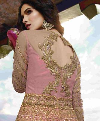 Soft premium net wedding wear gown in pink with embroidery & stone work 3
