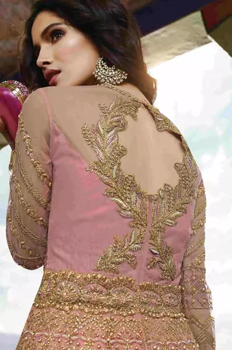 Soft premium net wedding wear gown in pink with embroidery & stone work