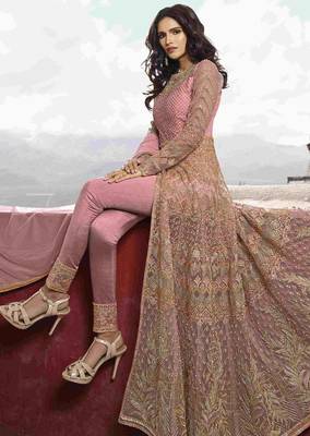 Soft premium net wedding wear gown in pink with embroidery & stone work 4