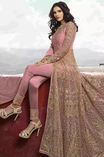 Soft premium net wedding wear gown in pink with embroidery & stone work