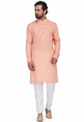 Peach color rayon long kurta with white pants 1