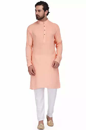 Peach color rayon long kurta with white pants
