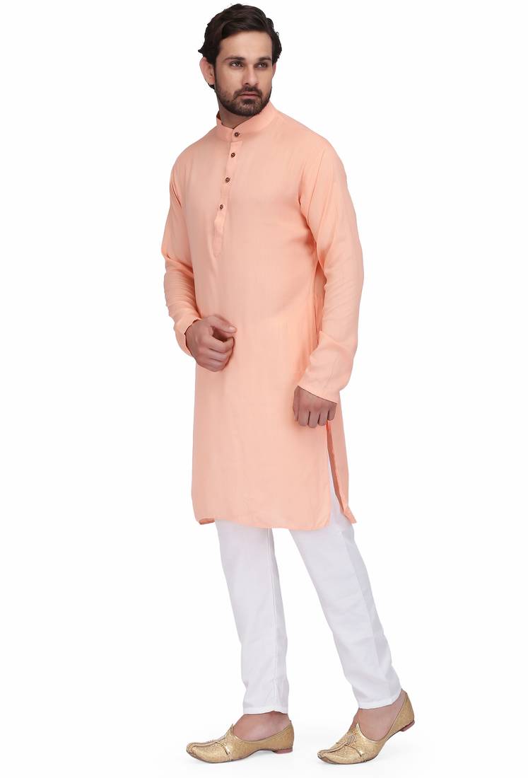 Peach color rayon long kurta with white pants