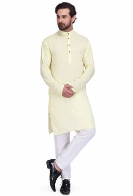Lemon yellow rayon long kurta with white pants 1