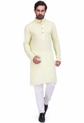 Lemon yellow rayon long kurta with white pants 2