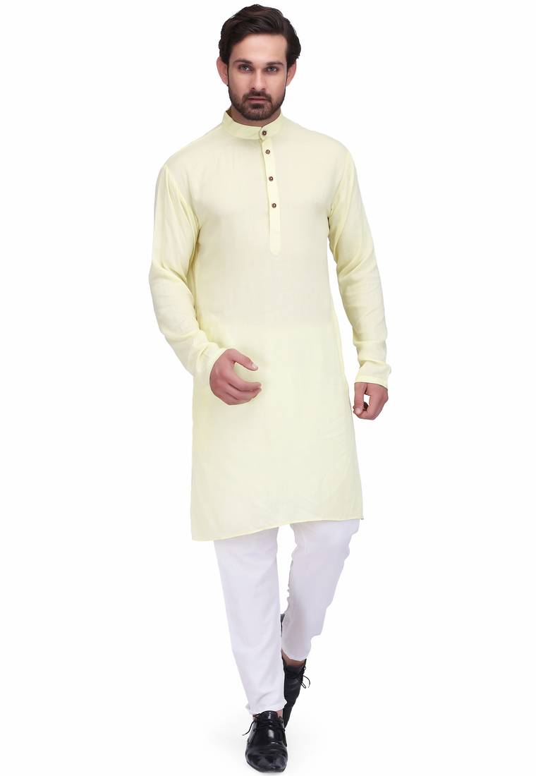 Lemon yellow rayon long kurta with white pants