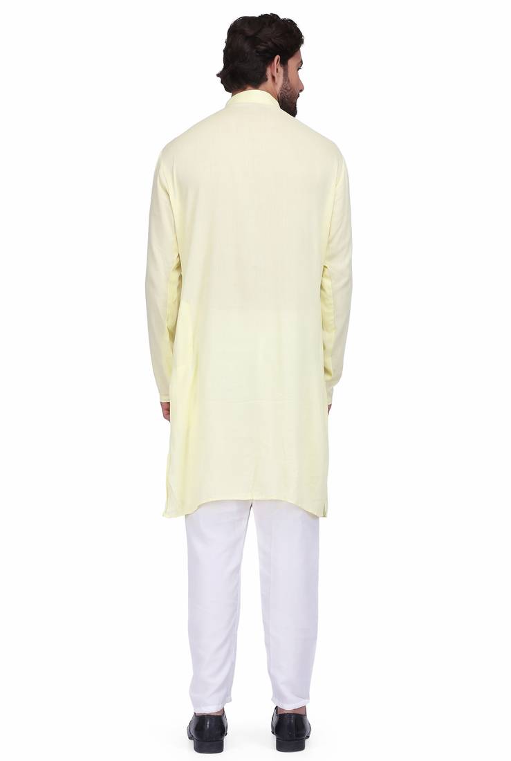 Lemon yellow rayon long kurta with white pants