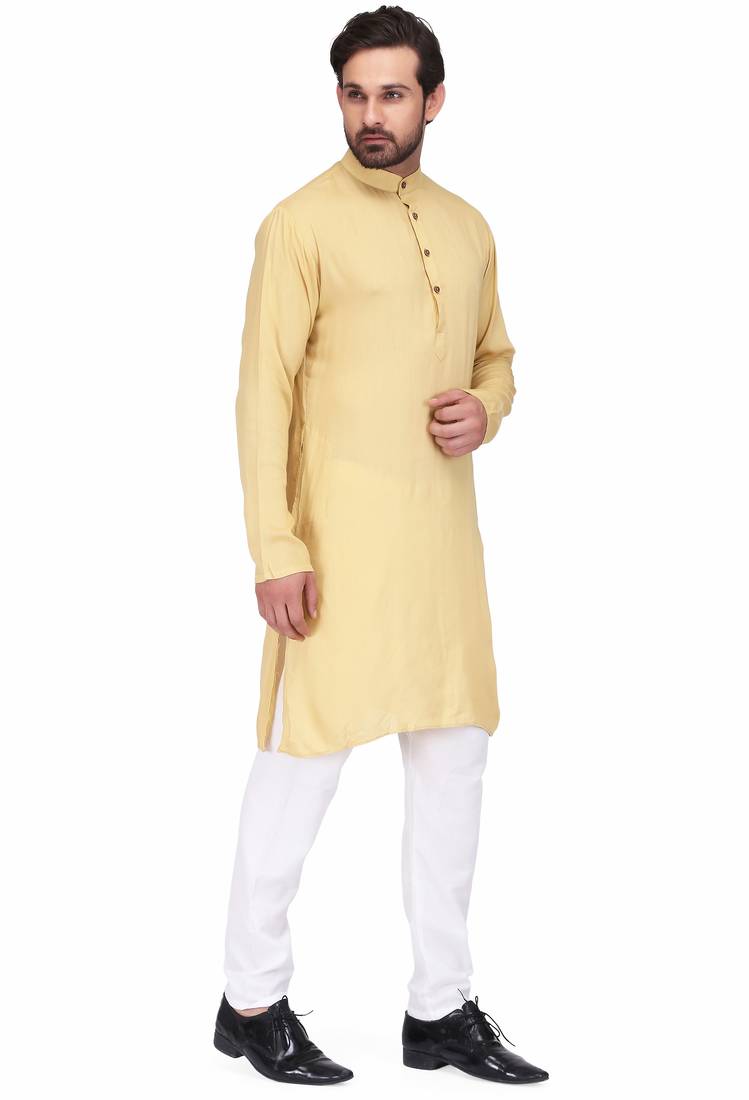 Elegent yellow rayon long kurta with white pants