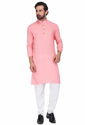 Elegent pink rayon long kurta with white pants 1