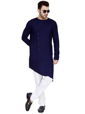 Designer navy blue rayon kurta set with white pants 1
