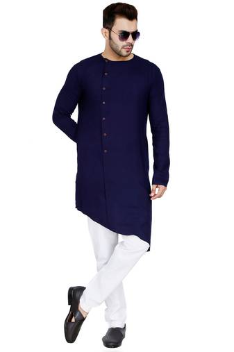Designer navy blue rayon kurta set with white pants