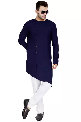 Designer navy blue rayon kurta set with white pants