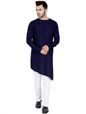 Designer navy blue rayon kurta set with white pants 2