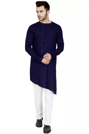 Designer navy blue rayon kurta set with white pants