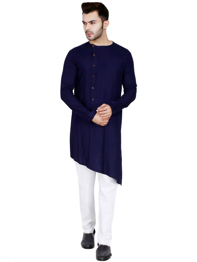 Designer navy blue rayon kurta set with white pants