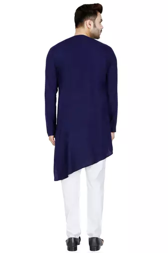 Designer navy blue rayon kurta set with white pants